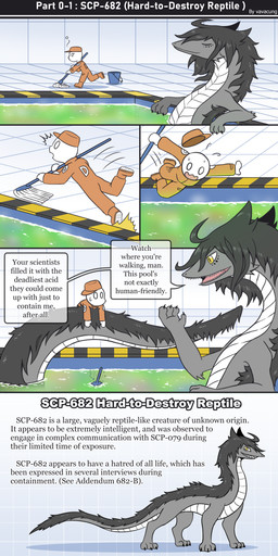 ambiguous_gender black_hair dialogue feral grey_body group hair larger_feral size_difference text vavacung scp_foundation scp-682 human lizard mammal monster reptile scalie absurd_res comic digital_media_(artwork) english_text hi_res letterbox