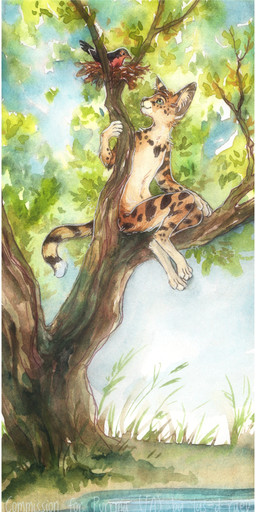 anthro bird_nest branch brown_body brown_fur fur grass green_eyes lake leaf male plant solo stick_nest tree lys-d-raev kalshan_(purrma) felid feline mammal serval 2026 absurd_res hi_res painting_(artwork) watercolor_(artwork)