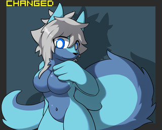 anthro big_tail blue_eyes breasts featureless_breasts featureless_crotch female fur hand_on_breast hand_on_chest latex mirror multicolored_body multicolored_fur null simple_background solo tail bulletproof-kitty changed_(video_game) mythology blue_latex_(changed) lin canid canine mammal mythological_creature