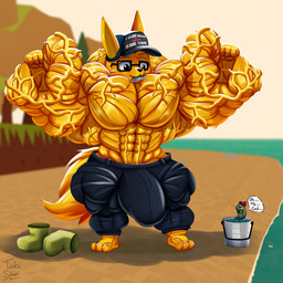 anthro big_bulge big_muscles bulge clothed clothing detailed_bulge dialogue duo extreme_size_difference feral flexing huge_bulge huge_muscles hyper hyper_bulge hyper_muscles male muscular muscular_male size_difference solo_focus striated_muscles text topless vein veiny_muscles taiko-sihori webfishing aquatic canid canine fish fox mammal 1:1 english_text hi_res