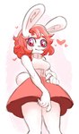 2019 5_fingers anthro big_eyes biped clothing female fingers hair hearts_around_head hi_res high_waisted_skirt lagomorph leporid looking_at_viewer mammal pink_clothing proxicute rabbit red_eyes red_hair round_tail short_hair simple_background slim_female smile solo sweater topwear turtleneck white_body