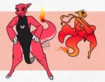 anthro cleavage_cutout clothed clothing crossdressing cutout dress eyeshadow femboy fire flaming_tail furgonomics furry-specific_piercing hands_on_hips horn horn_piercing makeup male piercing red_body solo tail tongue tongue_out nerdyreindeer nintendo pokemon calli_(nerdyreindeer) charmeleon generation_1_pokemon lizard pokemon_(species) reptile scalie hi_res