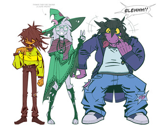 2_horns ambiguous_gender ambiguous_human anthro armwear belt black_armwear black_clothing black_hair black_legwear blue_bottomwear blue_clothing blue_pants bottomwear brown_bottomwear brown_clothing brown_hair brown_pants clothing collar denim denim_bottomwear denim_clothing directional_arrow ear_piercing eyewear female femboy fist footwear freckles front_view fur gesture glasses green_clothing green_hat green_headwear green_robe green_shirt green_topwear group hair hair_over_eyes hand_gesture hat headgear headwear horn jacket jeans legwear male middle_finger mouth_closed open_mouth pants piercing pink_horn pink_scarf poncho purple_body purple_clothing purple_jacket purple_scales purple_topwear ring robe round_glasses scales scarf shirt shoes simple_background slim standing text tongue tongue_out topwear torn_clothing torn_legwear trio v_sign wearing_glasses white_background white_body white_clothing white_fur white_shirt white_topwear wizard_hat xexeezy deltarune undertale_(series) kris_dreemurr ralsei susie_(deltarune) bovid caprine goat human lizard mammal reptile scalie 2025 digital_media_(artwork) english_description english_text hi_res