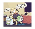 anthro bedroom blush butt clean_diaper clothed clothing diaper diaper_package embarrassed folded_diaper looking_at_viewer male solo surprise text wearing_diaper wetness_indicator worried boredomwithfriends ace_(boredomwithfriends) bovid bovine cattle mammal english_text