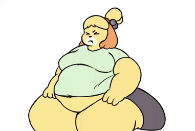 anthro belly belly_jiggle big_belly big_butt black_nose blonde_hair breasts buckteeth butt clothed clothing eyes_closed female fur hair hair_bell jiggling navel obese obese_anthro obese_female overweight overweight_anthro overweight_female simple_background sitting solo teeth white_background yellow_body yellow_fur lilbigmanboy animal_crossing nintendo isabelle_(animal_crossing) canid canine canis domestic_dog mammal shih_tzu toy_dog 2025 2d_animation animated