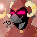 anthro black_body clothing evil_grin glowing glowing_eyes horn looking_at_viewer male markings nether_goat pink_eyes robe shadow simple_background smile smiling_at_viewer solo tleatlnox59 nox_(tleatlnox59) bovid caprine goat mammal 1:1 icon