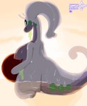 anthro areola big_breasts biped breasts female green_eyes kneeling looking_at_viewer looking_back nipples nude purple_body purple_skin rear_view smile solo tail water crossman nintendo pokemon generation_6_pokemon goodra pokemon_(species)