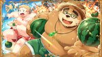 anthro brown_body brown_fur bulge clothing detailed_bulge eyewear food fruit fur glasses group hat headgear headwear humanoid_hands kemono male melon outside overweight overweight_male plant straw_hat swimwear watermelon nikubo lifewonders tokyo_afterschool_summoners choji_(tas) cu_sith_(tas) volos_(tas) bear canid canine canis domestic_dog human mammal 2021 official_art