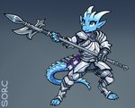 3_toes 4_fingers anthro armor blue_body blue_claws blue_eyes blue_horn claws feet female fingers holding_object horn jewelry long_tail melee_weapon necklace paladin polearm solo tail toes weapon sorc alae kobold scalie