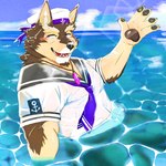 anthro blush bottomless clothed clothing countershading crystal jewelry male muscular muscular_anthro muscular_male necklace pawpads purple_eyes sailor sailor_hat sailor_uniform solo underwater water kannepaz lifewonders live_a_hero pubraseer canid canine canis domestic_dog mammal 1:1 hi_res