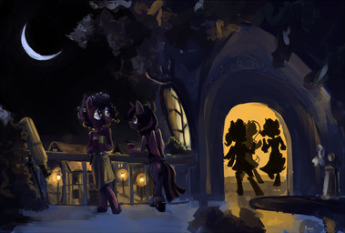 anthro anthrofied balcony blue_eyes city cutie_mark dancing dark drinking duo_focus feathered_wings feathers female fur group hair hooves horn lamp moon multicolored_hair multicolored_tail night purple_body purple_eyes purple_feathers purple_fur purple_hair silhouette tail two_tone_hair wings animegoatass friendship_is_magic hasbro my_little_pony mythology twilight_sparkle_(mlp) equid equine mammal mythological_creature mythological_equine unicorn winged_unicorn 2013