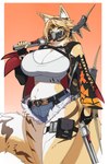 anthro belt big_breasts big_tail bottomwear breasts choker clothed clothing daisy_dukes denim denim_bottomwear denim_clothing denim_shorts dual_wielding eyelashes female female_anthro fluffy fluffy_neck_fur fluffy_tail fur fur_clothing green_eyes gun hair handgun holding_object holding_weapon hotpants jacket jewelry leather leather_clothing leather_jacket leather_topwear looking_at_viewer markings mask mole_(marking) necklace open_clothing pouches ranged_weapon revolver shorts simple_background small_waist solo spikes tail thick_thighs topwear weapon wide_hips worn_clothing yellow_body yellow_fur 9live mihoyo zenless_zone_zero pulchra_fellini felid feline mammal hi_res