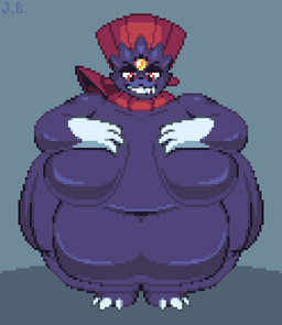 anthro belly belly_overhang big_belly big_breasts big_navel breasts claws fangs featureless_breasts female forehead_gem front_view gem grey_background grin hair hand_on_own_breast huge_belly morbidly_obese morbidly_obese_anthro morbidly_obese_female narrowed_eyes navel nude obese obese_anthro obese_female overweight overweight_anthro overweight_female pokemorph red_eyes red_hair simple_background smile solo standing tail teeth wide_hips jellybru nintendo pokemon generation_4_pokemon mammal pokemon_(species) weavile 2021 digital_media_(artwork) full-length_portrait pixel_(artwork) portrait signature