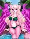 ahoge anthro beach blue_eyes breasts clothed clothing crystal day female fur hair long_hair pink_body pink_fur pink_hair seaside solo swimwear water wings adorableinall mariah_veiethe canid canine canis mammal wolf digital_media_(artwork)