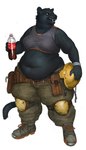 anthro armor belly belt beverage big_belly black_body black_fur bottle bottomwear bra cargo_pants clothed clothing container female footwear fur hard_hat headgear helmet holding_armor holding_beverage holding_bottle holding_container holding_headgear holding_helmet holding_object knee_pads loose_belt melanistic navel open_mouth overweight overweight_anthro overweight_female pants pouch_(clothing) shoes simple_background soda soda_bottle solo sports_bra standing teeth underwear white_background wristband cettus serafina_(cettus) felid mammal pantherine 2022 hi_res