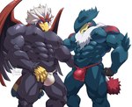 abs absurd_res anthro anthrofied asian_clothing beak blush braviary bulge clothing duo east_asian_clothing feathered_wings feathers fundoshi generation_4_pokemon generation_5_pokemon hi_res honchkrow japanese_clothing maldu male male/male muscular muscular_anthro muscular_male nintendo nipples pecs pokemon pokemon_(species) simple_background underwear white_background wings