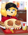 anthro areola beverage big_breasts blonde_hair blue_eyes blurred_background breasts burger clothed clothing curvy_figure drinking_straw fast_food fast_food_employee fast_food_uniform female food fries fur hair presenting presenting_breasts shirt shirt_up short_hair short_stack simple_background solo text topwear tray uniform yellow_body yellow_fur lobokosmico mcdonald's your_order_is_ready_(meme) marzia_(lobokosmico) bird_dog canid canine canis domestic_dog golden_retriever hunting_dog mammal retriever absurd_res digital_drawing_(artwork) digital_media_(artwork) english_text hi_res