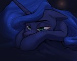 awake bed bloodshot_eyes blue_body blue_eyes blue_hair eye_bags eyebrows female feral furniture hair horn lying on_front solo kirasunnight friendship_is_magic hasbro my_little_pony mythology princess_luna_(mlp) equid equine mammal mythological_creature mythological_equine unicorn hi_res portrait