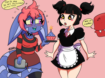 anthro black_hair blue_body blush bottomwear breasts clothing collar cupcake female food group hair maid_uniform male purple_eyes red_hair shirt skirt spiked_collar spikes text topwear trio uniform tibbs mythology baku_(tibbs) star_(tibbs) dragon human mammal mythological_creature mythological_scalie scalie hi_res spanish_text