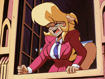 angry anthro big_breasts blonde_hair breasts clothing eyewear female glasses green_eyes hair long_hair open_mouth solo suit tongue window corythec hanna-barbera swat_kats callie_briggs domestic_cat felid feline felis mammal absurd_res hi_res