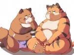 anthro asian_clothing belly blush brown_body brown_fur bulge clothing duo east_asian_clothing eyes_closed fundoshi fur humanoid_hands japanese_clothing male moobs navel nipples overweight overweight_male simple_background underwear white_background yellow_body yellow_fur ayame42612 canid canine felid mammal pantherine raccoon_dog tanuki tiger 2010 4:3