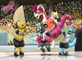 anthro celebrating chance_(vegas_golden_knights) clothed clothing group henderson_silver_knights hockey lucky_(henderson_silver_knights) lying male mascot on_back public smile smiling_at_another sport tahoe_knight_monsters tessie_(tahoe_knight_monsters) trio uniform baxterkangaroo mythology vegas_golden_knights dragon equid equine mammal monster mythological_creature mythological_scalie scalie hi_res