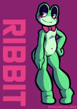 anthro black_eyes black_eyeshadow blush bow_tie bow_tie_only breasts clothing countershade_face countershade_torso countershading eyelashes eyeshadow female green_body green_countershading green_lipstick hand_on_hip lipstick makeup mostly_nude navel purple_background red_bow_tie simple_background small_breasts smile solo standing text thecomicoalman glitch_productions the_amazing_digital_circus ribbit_(tadc) amphibian frog 2026 absurd_res digital_drawing_(artwork) digital_media_(artwork) english_text hi_res