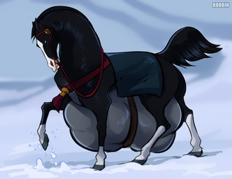 abdominal_bulge ambiguous_gender belly big_belly black_body feral feral_pred grey_body hooves huge_belly outside quadruped reins saddle snow solo standing tail text vore roobin disney mulan_(1998) khan_(disney) equid equine horse mammal 2026 artist_name hi_res male_(lore)