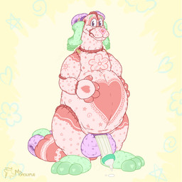 abdl anthro baby_bottle balls belly big_belly big_tail clean_diaper constellation diaper diaper_tape dripping dripping_milk feet flower_symbol genitals green_diaper green_ears green_feet hand_on_belly heart_symbol leaf_symbol looking_at_viewer male markings milk moon_symbol penis pink_body pink_diaper pink_paws purple_balls purple_diaper simple_background solo star_symbol tail translucent translucent_penis yellow_background monocerus pad_(monocerus) animate_inanimate diaper_creature 1:1 absurd_res hi_res