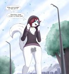 anthro biped bottomless bottomless_anthro bottomless_male casual_exposure clothed clothing collar convenient_censorship dialogue exhibitionism femboy fur hair hoodie hoodie_only hoodie_up leaf leaves_blowing male male_anthro newspaper red_hair solo streaking text topwear topwear_only white_body white_fur wind aarondrawsarts aaron_moonfang canid canine canis mammal wolf english_text hi_res