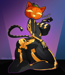 anthro big_breasts big_butt black_body bone breasts butt clothing female food for_a_head fruit holidays latex latex_clothing plant pumpkin pumpkin_head solo tail thick_thighs damiribbon epic_games fortnite halloween spice_(fortnite) felid feline mammal object_head absurd_res hi_res