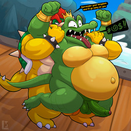 anal anal_penetration anthro balls belly big_belly crown duo genitals gold_belly green_body hair headgear male male/male multicolored_body muscular muscular_male open_mouth overweight overweight_male penetration penis red_hair restrained_arms shell simple_background slightly_chubby slightly_chubby_male speech_bubble tail tongue tongue_out turtle_shell two_tone_body yellow_body leothelionel donkey_kong_(series) mario_bros nintendo bowser king_k._rool koopa kremling scalie absurd_res hi_res