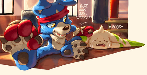 3_toes accessory ambiguous_gender anthro black_pawpads blue_body blue_fur bodily_fluids claws crying detailed_background duo exercise feet fur headband long_ears pawpads paws soles tears text tired toes touching_foot white_body white_fur dahecksajerry bandai_namco digimon digimon_(species) gaomon terriermon english_text