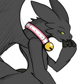 4_fingers anthro anthrofied bell bell_collar biped black_body black_claws claws collar collar_only covering covering_mouth crossgender female fingers flat_chested green_eyes membrane_(anatomy) membranous_wings mostly_nude no_sclera nude pink_collar side_view simple_background snout solo spiked_neck tail white_background wings chabooey dreamworks european_mythology how_to_train_your_dragon mythology toothless toothless_gf_(chabooey) dragon fury_(httyd) mythological_creature mythological_scalie scalie western_dragon digital_drawing_(artwork) digital_media_(artwork) english_description hi_res sketch