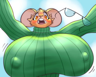 anthro big_breasts breasts clothing depth_of_field eyewear female glasses huge_breasts looking_at_viewer nipple_outline solo standing_over standing_over_viewer sweater topwear turtleneck oliburgob clove_(oliburgob) mammal mouse murid murine rodent 2026 absurd_res hi_res