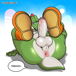 anthro anus balls bedroom_eyes belly big_butt biped blue_eyes bodily_fluids boots boots_only bottomless butt clothed clothing erection fingers footwear footwear_only foreskin genital_fluids genitals glans glistening glistening_butt green_body green_skin hand_on_leg happy holding_leg humanoid_genitalia humanoid_penis imminent_sex leg_grab legs_up looking_at_viewer looking_pleasured looking_through looking_through_legs looking_through_legs_at_viewer lying male mostly_nude narrowed_eyes nude on_back open_mouth penis pink_anus pink_glans pokemon_speak precum presenting presenting_anus presenting_balls presenting_penis seductive shoes short_tail simple_background solo speech_bubble spread_anus spreading tail tail_anus text thick_thighs tongue white_balls white_body white_foreskin white_penis white_skin wide_hipped_anthro wide_hipped_male wide_hips torinohito mario_bros mythology nintendo yoshi_(character) dinosaur dragon green_yoshi mythological_creature mythological_scalie prehistoric_species reptile scalie yoshi 1:1 2025 absurd_res digital_drawing_(artwork) digital_media_(artwork) hi_res signature