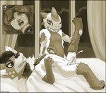 anthro bed black_border blood bodily_fluids border cleaver_(knife) clothed clothing costume cutlery death decapitation duo ejaculation furniture fursuit fursuiter gore hotel_room kitchen_knife kitchen_utensils knife male male/male partially_clothed slim snuff tools emikochan max_neon oskar_(2ndvoice) bovid caprine human hybrid lizard mammal reptile scalie sheep