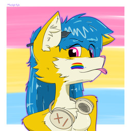 anthro arm_tuft blue_hair drawing_pen electronics female fur hair headphones lgbt_pride licking long_hair look_down multicolored_body nude pansexual pansexual_pride_colors pink_eyes pink_nose pride_colors shoulder_tuft simple_background solo tongue tongue_out toony tuft two_tone_body yellow_body moonlight_kylin lgbt_pride_month canid canine fox mammal 1:1 2026 absurd_res headshot_portrait hi_res portrait