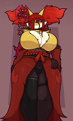 anthro big_breasts biped breasts clothing eyewear female female_anthro front_view glasses hand_on_hip huge_breasts inner_ear_fluff looking_at_viewer multicolored_body panties red_inner_ear_fluff simple_background thick_thighs tuft underwear dvdshka nintendo pokemon delphox generation_6_pokemon pokemon_(species) absurd_res hi_res