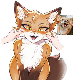 anthro black_nose blush brown_eyebrows brown_markings brown_tail cheek_tuft disembodied_hand duo eyebrows eyelashes facial_tuft female fluffy fur happy head_tuft inner_ear_fluff looking_at_viewer markings open_mouth open_smile orange_body orange_fur simple_background smile tail teeth tuft white_background white_body white_fur yellow_eyes 3rdperson_iz canid canine fox human mammal red_fox true_fox colored digital_drawing_(artwork) digital_media_(artwork) reference_image shaded