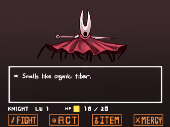2_horns ambiguous_gender cloak clothing gameplay_mechanics gui health_bar horn melee_weapon multi_limb red_cloak red_clothing solo text weapon weapon_on_back white_text lucaniamc hollow_knight_(franchise) team_cherry undertale undertale_(series) hornet_(hollow_knight) amalgamate arachnid arthropod 2025 4:3 english_text