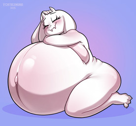 anthro belly belly_blush big_belly big_breasts blush body_blush breasts eyes_closed female hand_on_head huge_belly hyper hyper_belly hyper_pregnancy kneeling kneeling_on_ground linea_nigra navel outie_navel pregnant pregnant_anthro pregnant_female purple_background resting_on_belly side_boob simple_background solo vortrexmania undertale_(series) toriel bovid caprine goat mammal 2025 digital_drawing_(artwork) digital_media_(artwork) english_description hi_res