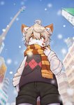 :< accessory ahoge anthro biped blonde_hair bottomwear building city clothed clothing day detailed_background dipstick_ears ear_markings feather_in_hair feathers front_view fully_clothed fur hair hair_accessory kemono looking_at_viewer loose_feather low-angle_view male monotone_hair multicolored_body multicolored_ears multicolored_fur orange_body orange_fur outside scarf shirt short_hair shorts sky snow snowing solo standing topwear two_tone_body two_tone_ears two_tone_fur vest white_body white_clothing white_fur white_shirt white_topwear yellow_eyes mrshu domestic_cat felid feline felis mammal absurd_res hi_res portrait three-quarter_portrait