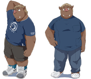 anthro blush bottomwear brown_body brown_fur clothing fur humanoid_hands kemono male overweight overweight_anthro overweight_male shirt shorts simple_background solo topwear white_background train_(artist) mammal suid suine sus_(pig) wild_boar 2015