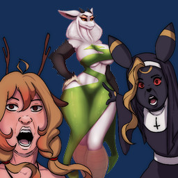 2_horns anthro antlers arm_markings avian_legs black_body black_clothing black_ears black_feathers black_inner_ear_fluff black_sclera blonde_hair breasts brown_antlers brown_hair clothed clothing cross crossdressing dress ear_markings eye_markings eyelashes facial_markings feathered_arms feathers female forehead_markings frown gesture green_clothing green_dress group hair hand_gesture hand_markings hand_on_hip head_markings horn inner_ear_fluff inverted_cross long_hair male markings navel nun_habit nun_outfit open_mouth orange_markings pointing pointing_at_another red_eyes red_hair_tie red_markings red_sclera religious_clothing scowl simple_background skimpy small_waist snake_hood telegram_sticker thick_thighs transparent_background trio tuft white_body white_breasts white_ears white_hood white_legs wide_hips yellow_eyes yellow_hands yellow_legs yellow_markings andreita14ajhq groundbreaking nintendo pokemon two_soyjaks_pointing mezyera unnamed_character_(ballad) accipitriform avian bird bovid caprine deer deer_taur earth_demon_(slightly_damned) eeveelution generation_2_pokemon goat hybrid mammal mammal_taur pokemon_(species) reptile scalie secretary_bird snake taur umbreon 1:1 2026 alpha_channel meme
