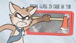 4_fingers ambiguous_gender angry anthro axe broken_glass facial_markings fingers glass gloves_(marking) head_markings markings mascot mask_(marking) melee_weapon mostly_nude necktie simple_background solo text weapon anonymous_artist furaffinity fender canid canine hybrid mammal english_text hi_res lol_comments