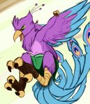 anthro avian_feet beak biped blue_body bottomwear clothed clothing feathered_crest feathered_wings feathers green_eyes head_crest jumping male pink_body skirt solo tail tail_feathers tail_under_skirt winged_arms wings scruffasus gyro_feather avian bird galliform peafowl phasianid hi_res