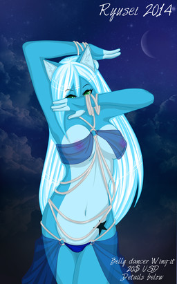 anthro bangle belly_chain belly_dancer black_star blue_body blue_fur breasts clothed clothing female fur green_eyes hair jewelry long_hair long_torso looking_at_viewer markings navel nipples solo star_(marking) tattoo translucent translucent_clothing waist_accessory ryusei_(artist) ryusei_(ryusei) domestic_cat felid feline felis mammal hi_res