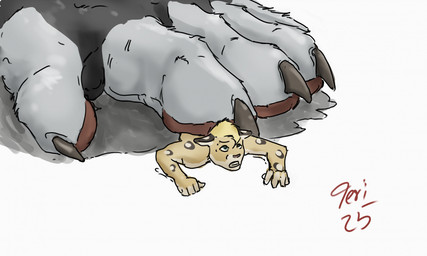 anthro black_body black_fur blonde_hair blue_eyes claws duo extreme_size_difference feet fur hair macro male micro open_mouth pinned pinned_by_foot pinned_to_ground red_text simple_background size_difference teeth text underfoot white_background white_body white_fur yellow_body yellow_fur jeri_kleinlowe domestic_cat felid feline felis mammal 2025 colored dated hi_res signature