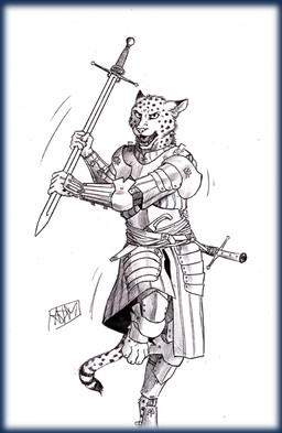 anthro armor belt belt_buckle black_lips buckle clothing couter dagger fur gorget holding_melee_weapon holding_object holding_sword holding_weapon lips looking_at_viewer male markings melee_weapon motion_lines on_one_leg one_foot_raised open_mouth plackart poleyn sabatons scabbard shirt simple_background solo spaulder spots spotted_body spotted_fur spotted_markings spotted_tail standing striped_markings striped_tail stripes sword tail tail_markings tassets teeth tongue topwear vambrace weapon white_background 0laffson enorach_(0laffson) cheetah felid feline mammal 2017 graphite_(artwork) hi_res signature traditional_media_(artwork)